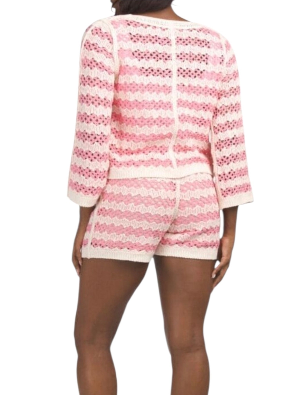 Solitaire Pink Cream Crochet Knit Cardi & Shorts Set Boho Beach Sz L - Picture 2 of 8